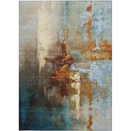 Rust Teal Blue And Beige Abstract Washable Indoor Outdoor Area Rug Photo 3