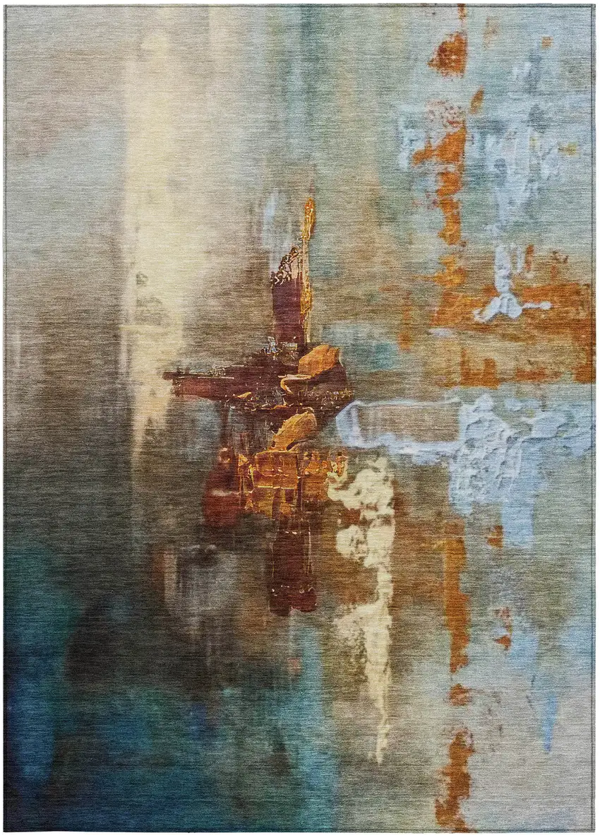 Rust Teal Blue And Beige Abstract Washable Indoor Outdoor Area Rug Photo 3