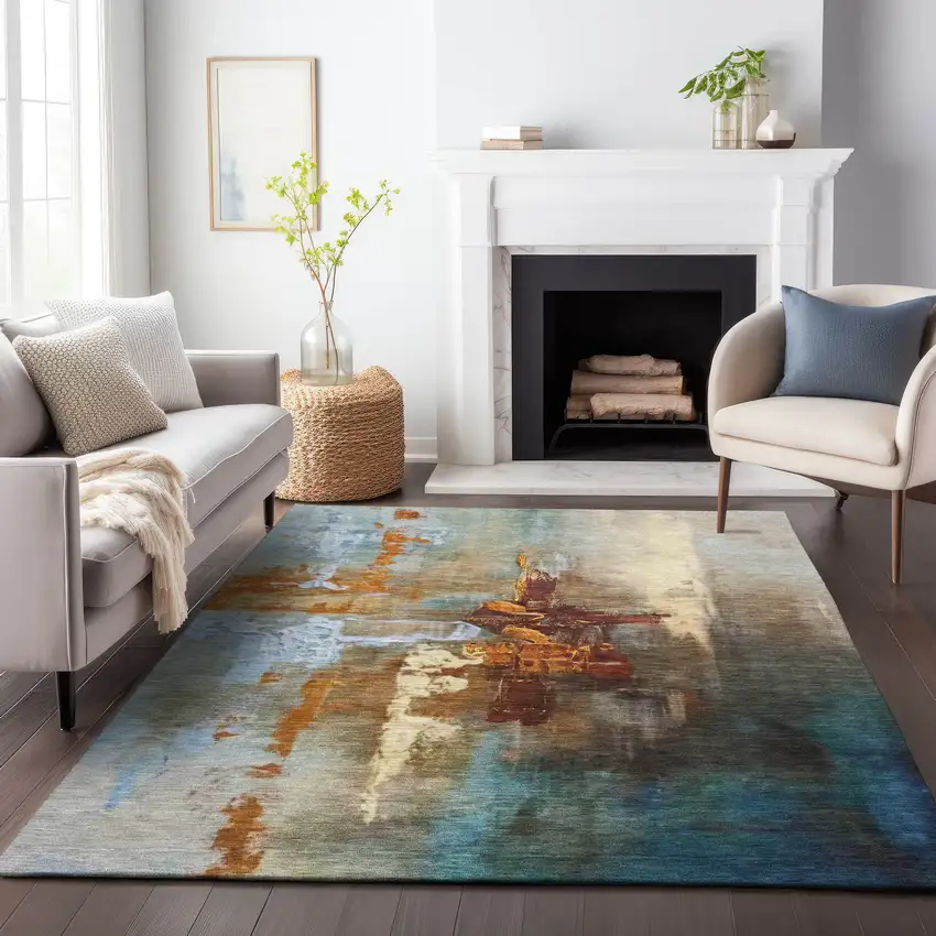 Rust Teal Blue And Beige Abstract Washable Indoor Outdoor Area Rug Photo 9