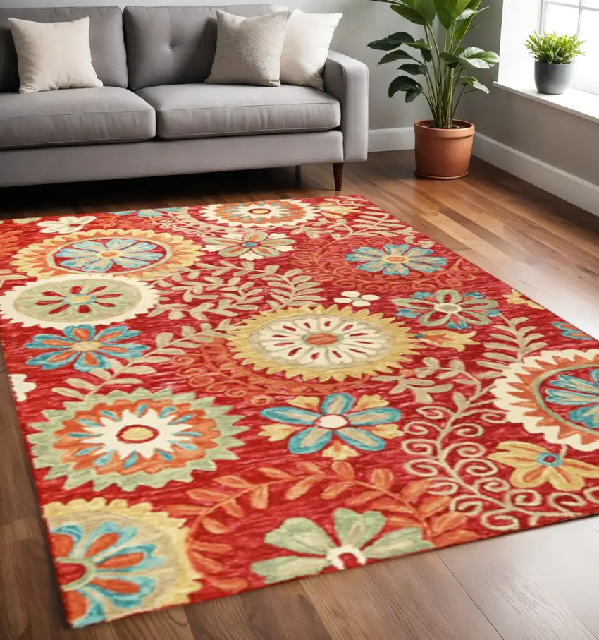 Rust Red And Teal Wool Medallion Hand Tufted Area Rug Photo 1