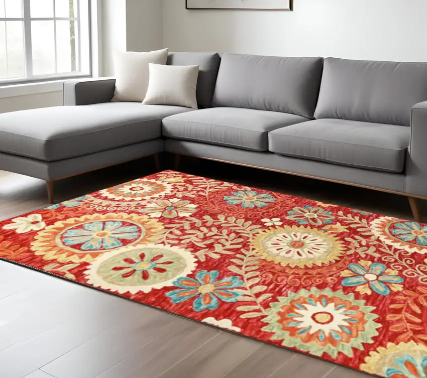 Rust Red And Teal Wool Medallion Hand Tufted Area Rug Photo 1