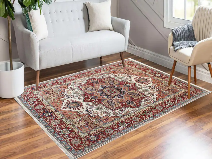 Rust and Gray Oriental Hand Knotted Area Rug With Fringe Photo 9