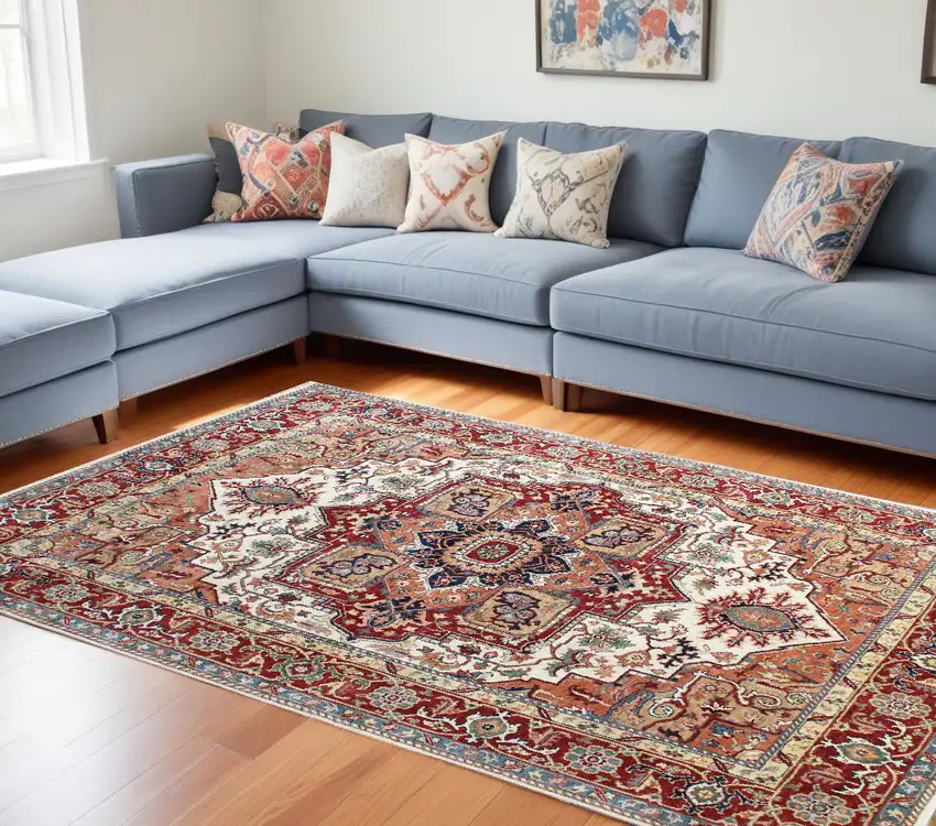 Rust and Gray Oriental Hand Knotted Area Rug With Fringe Photo 1