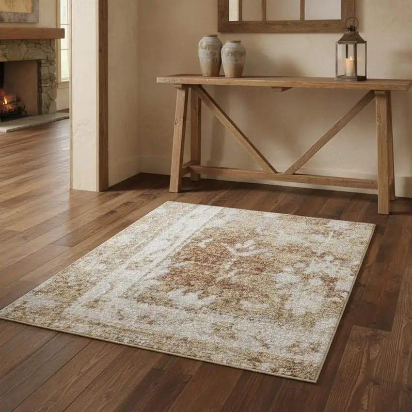 Rust and Ivory Floral Power Loom Worn Faded Area Rug Photo 1