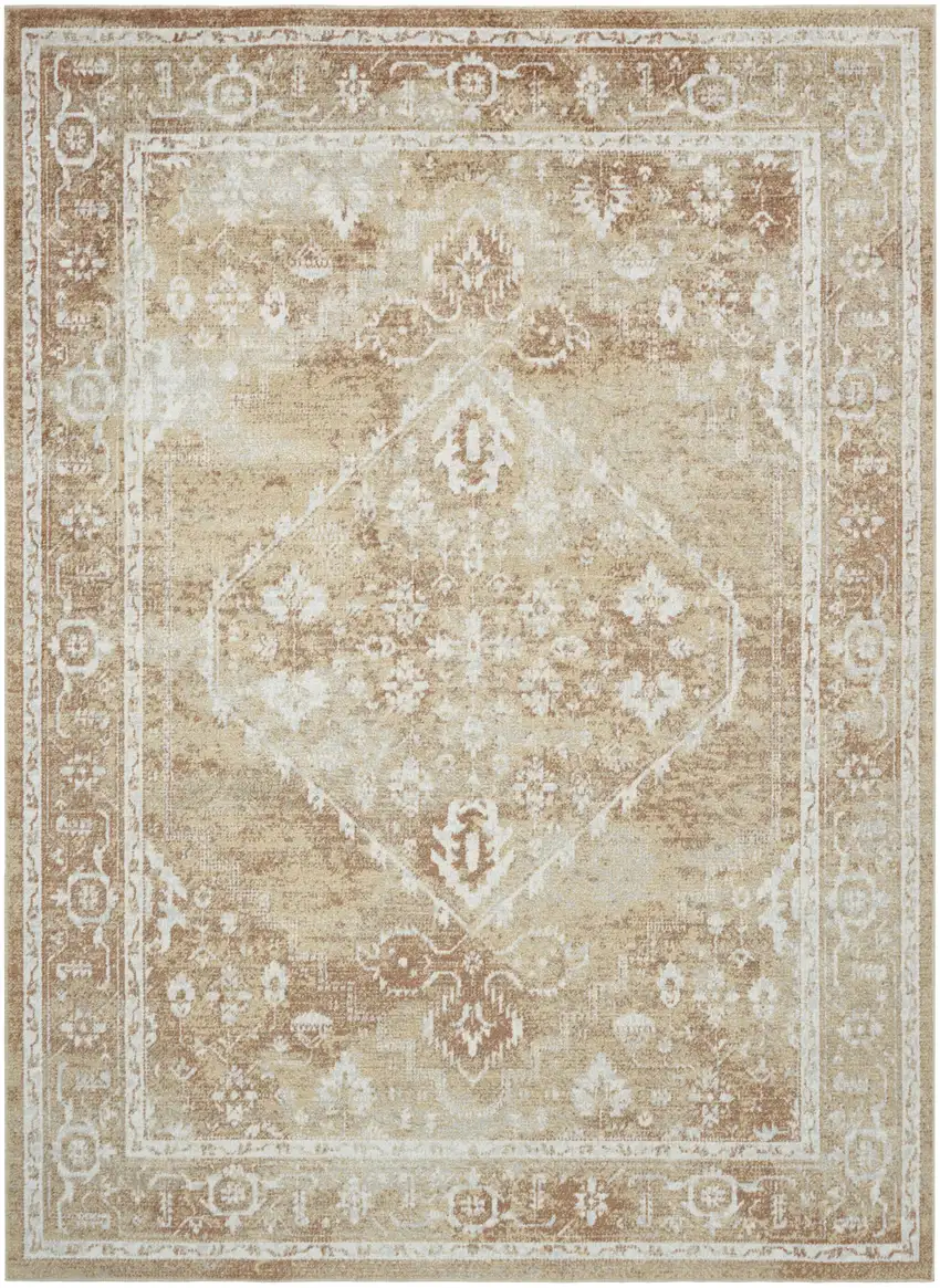 Rust and Ivory Floral Power Loom Worn Faded Area Rug Photo 5