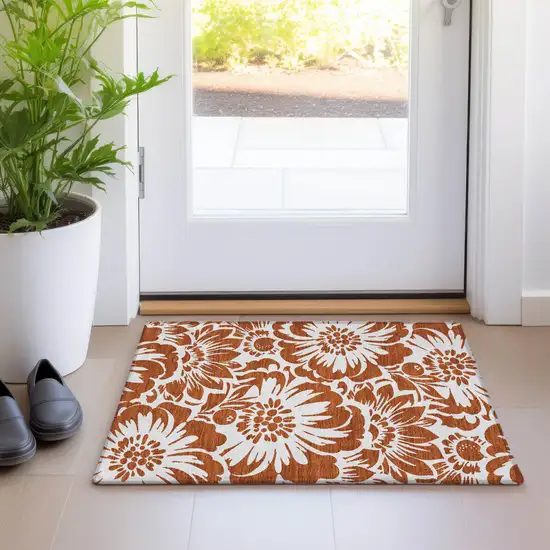 Rust and Ivory Floral Washable Non Skid Indoor Outdoor Area Rug Photo 9