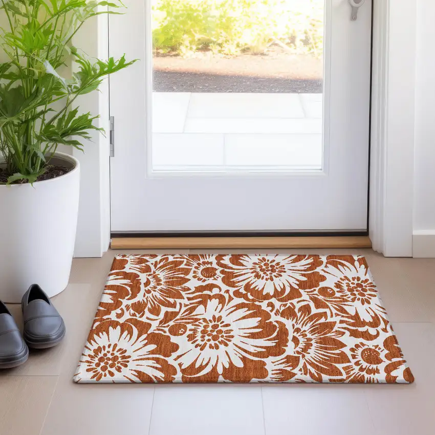 Rust and Ivory Floral Washable Non Skid Indoor Outdoor Area Rug Photo 9