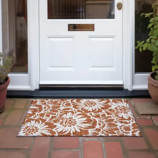 Rust and Ivory Floral Washable Non Skid Indoor Outdoor Area Rug Photo 8