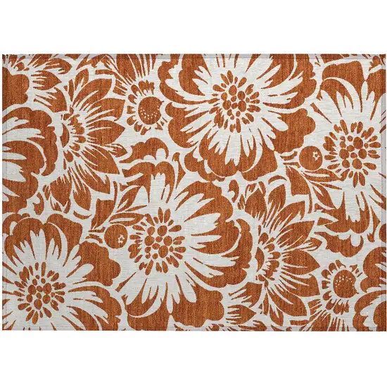 Rust and Ivory Floral Washable Non Skid Indoor Outdoor Area Rug Photo 2