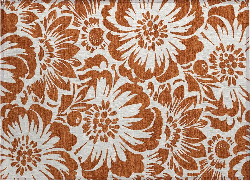 Rust and Ivory Floral Washable Non Skid Indoor Outdoor Area Rug Photo 2