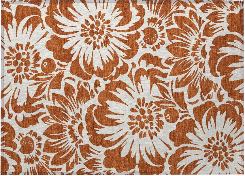 Rust and Ivory Floral Washable Non Skid Indoor Outdoor Area Rug Photo 5