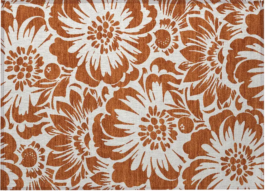 Rust and Ivory Floral Washable Non Skid Indoor Outdoor Area Rug Photo 5