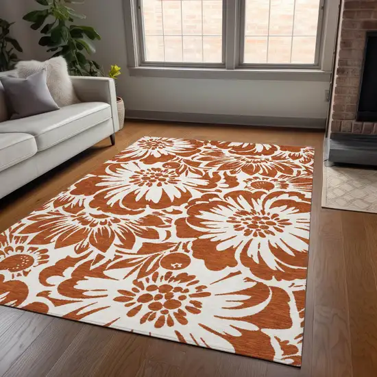 Rust and Ivory Floral Washable Non Skid Indoor Outdoor Area Rug Photo 8
