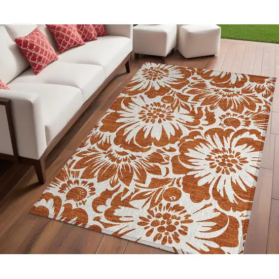 Rust and Ivory Floral Washable Non Skid Indoor Outdoor Area Rug Photo 1