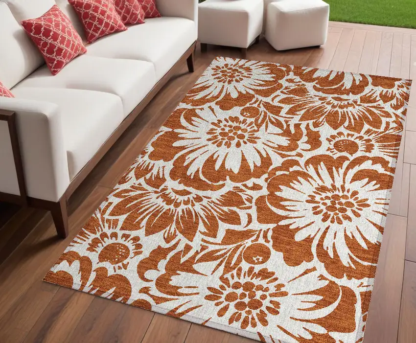 Rust and Ivory Floral Washable Non Skid Indoor Outdoor Area Rug Photo 1