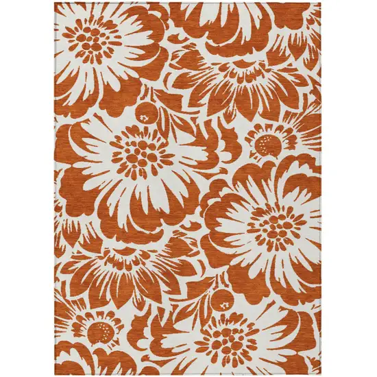Rust and Ivory Floral Washable Non Skid Indoor Outdoor Area Rug Photo 2