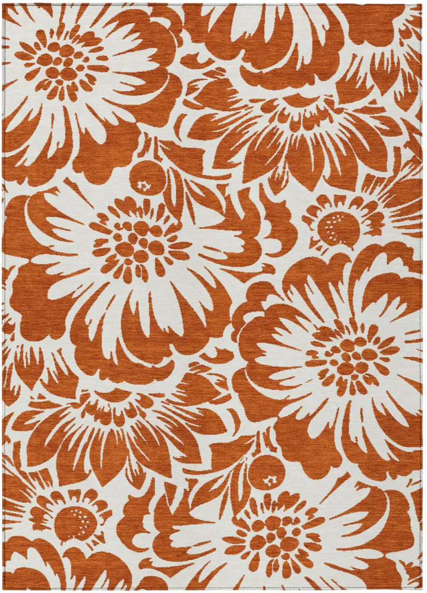 Rust and Ivory Floral Washable Non Skid Indoor Outdoor Area Rug Photo 2