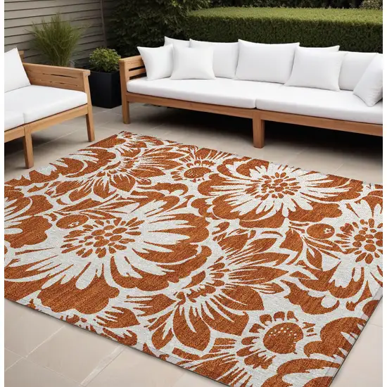 Rust and Ivory Floral Washable Non Skid Indoor Outdoor Area Rug Photo 1