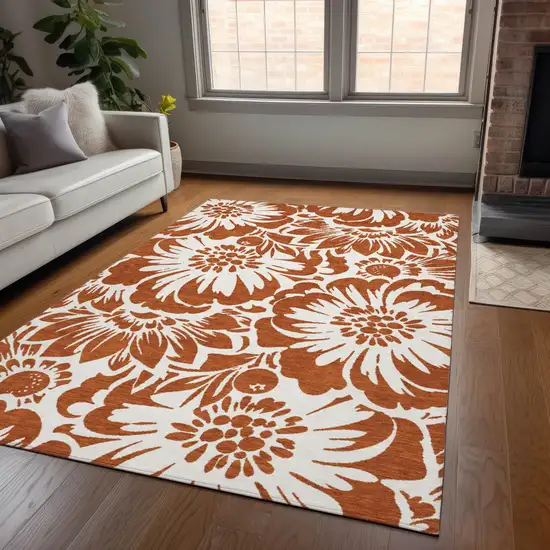 Rust and Ivory Floral Washable Non Skid Indoor Outdoor Area Rug Photo 8