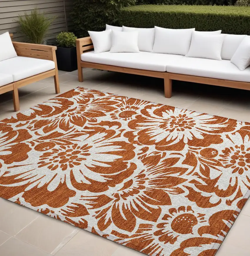 Rust and Ivory Floral Washable Non Skid Indoor Outdoor Area Rug Photo 1