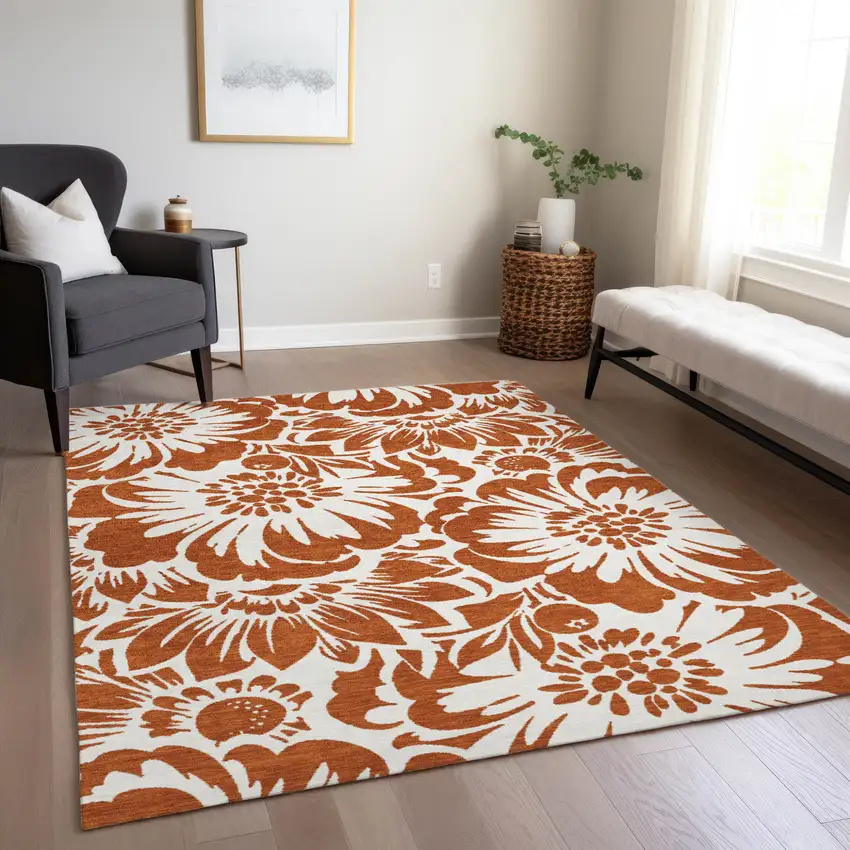 Rust and Ivory Floral Washable Non Skid Indoor Outdoor Area Rug Photo 8