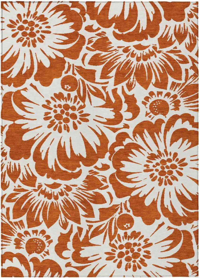 Rust and Ivory Floral Washable Non Skid Indoor Outdoor Area Rug Photo 1