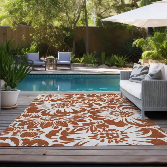 Rust and Ivory Floral Washable Non Skid Indoor Outdoor Area Rug Photo 9