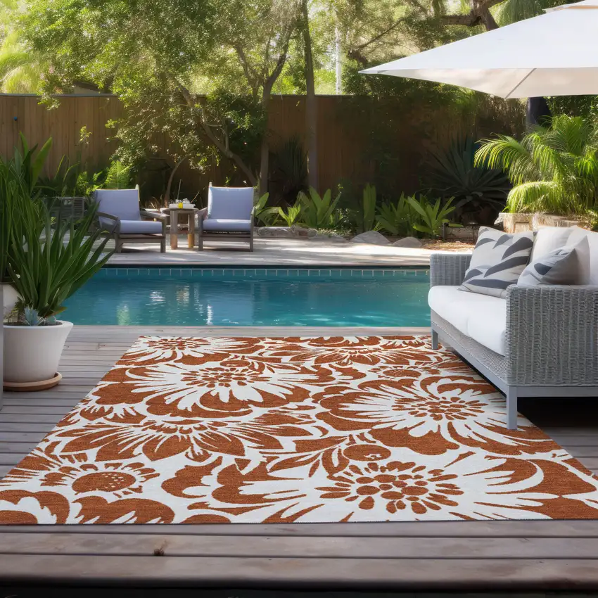 Rust and Ivory Floral Washable Non Skid Indoor Outdoor Area Rug Photo 9