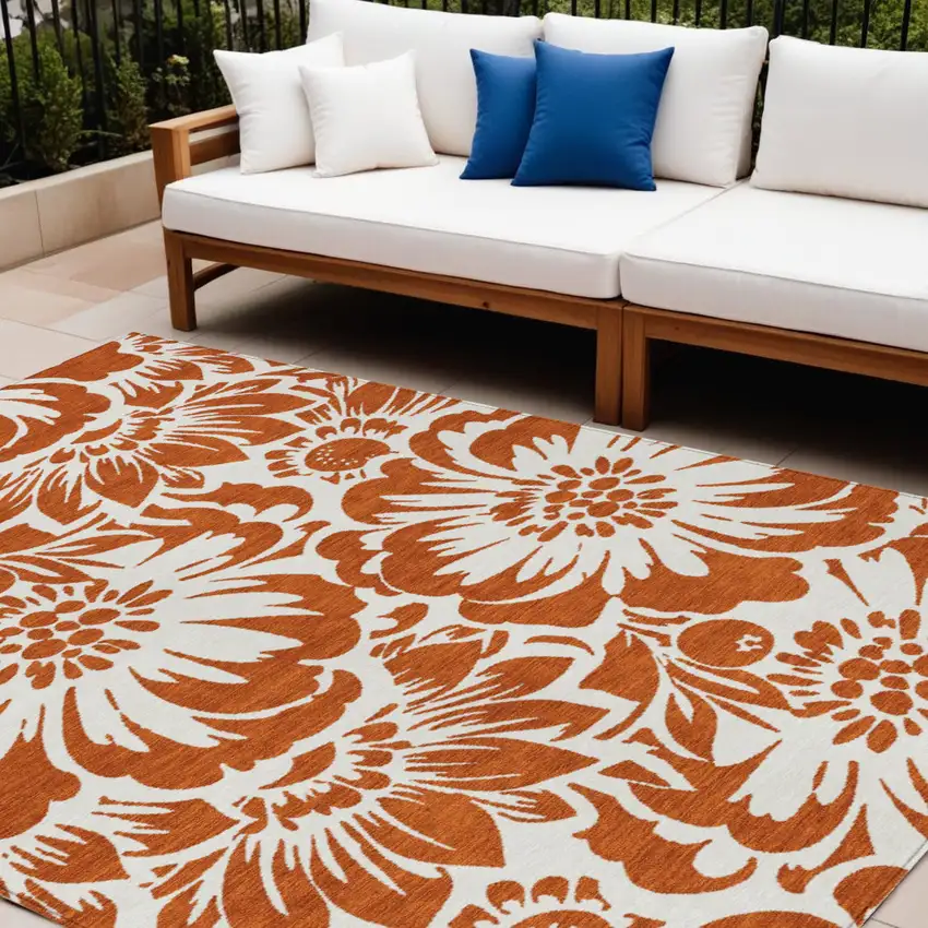 Rust and Ivory Floral Washable Non Skid Indoor Outdoor Area Rug Photo 1