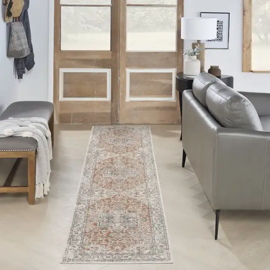 8' Rust And Off White Oriental Washable Runner Rug Photo 4