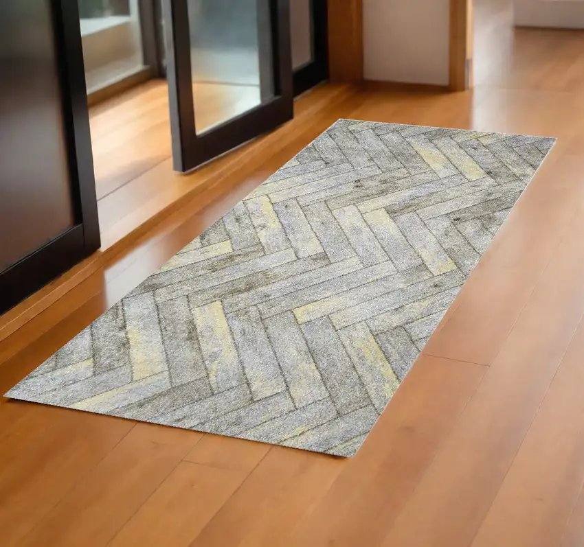 2' x 6' Rustic Gray Herringbone Washable Runner Rug Photo 2
