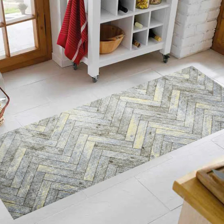 Rustic Gray Herringbone Washable Runner Rug Photo 3