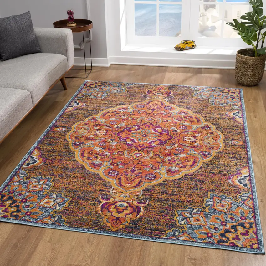 Rustic Orange Medallion Area Rug Photo 5