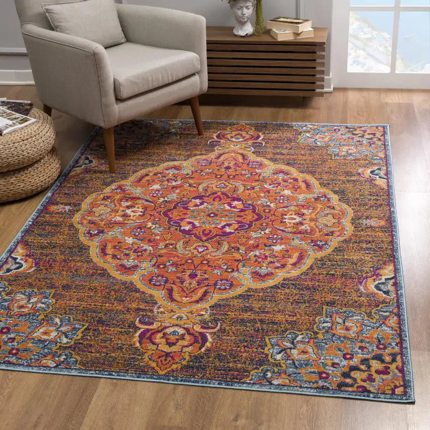 Rustic Orange Medallion Area Rug Photo 3