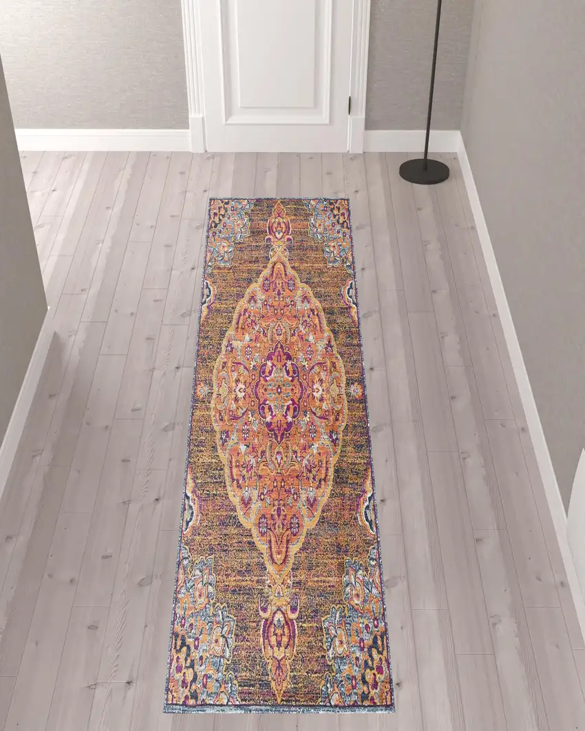 Rustic Orange Medallion Runner Rug Photo 3