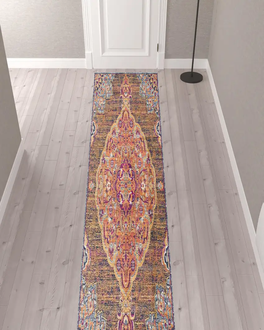 Rustic Orange Medallion Runner Rug Photo 3