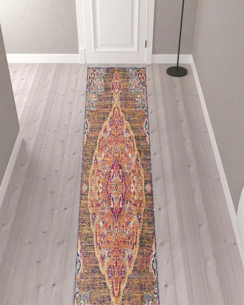 Rustic Orange Medallion Runner Rug Photo 3