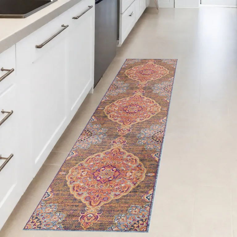 Rustic Orange Medallion Runner Rug Photo 4