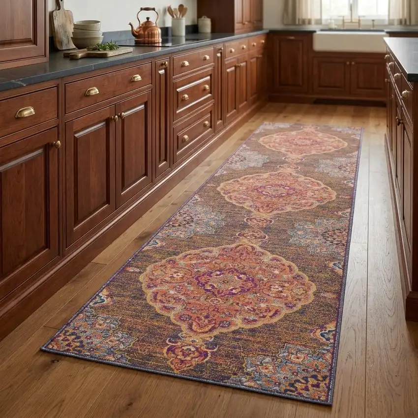 2' X 8' Rustic Orange Medallion Runner Rug Photo 1