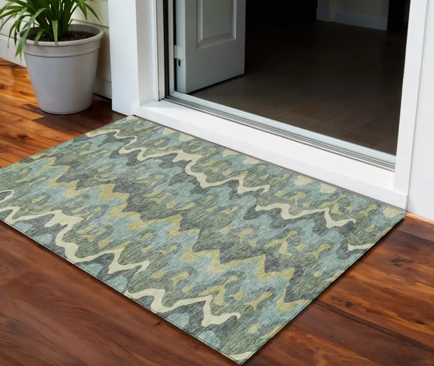 Sage And Artichoke Green Abstract Washable Indoor Outdoor Area Rug Photo 1