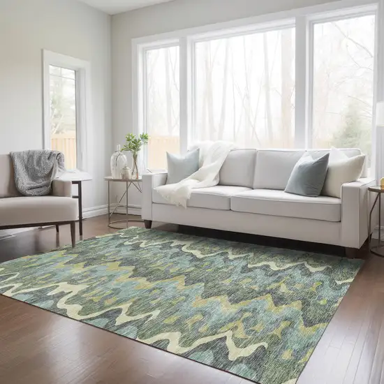 Sage And Artichoke Green Abstract Washable Indoor Outdoor Area Rug Photo 8