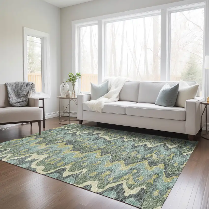 Sage And Artichoke Green Abstract Washable Indoor Outdoor Area Rug Photo 8