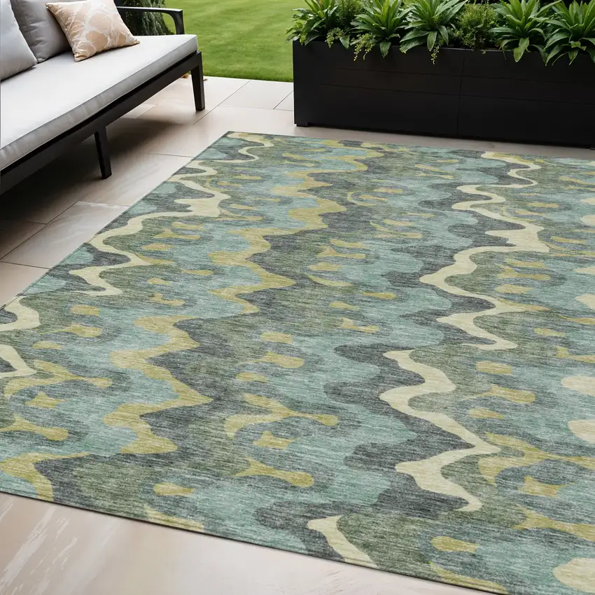 Sage And Artichoke Green Abstract Washable Indoor Outdoor Area Rug Photo 1