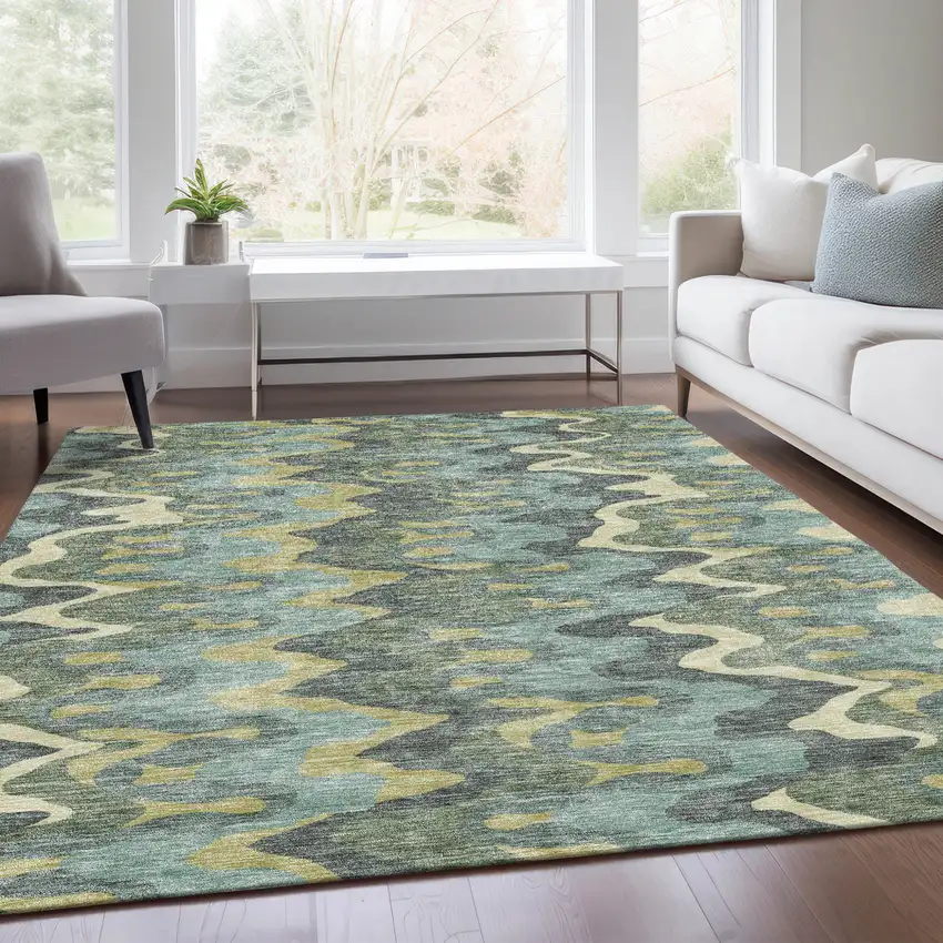 Sage And Artichoke Green Abstract Washable Indoor Outdoor Area Rug Photo 7