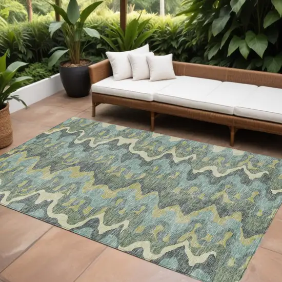 Sage And Artichoke Green Abstract Washable Indoor Outdoor Area Rug Photo 1