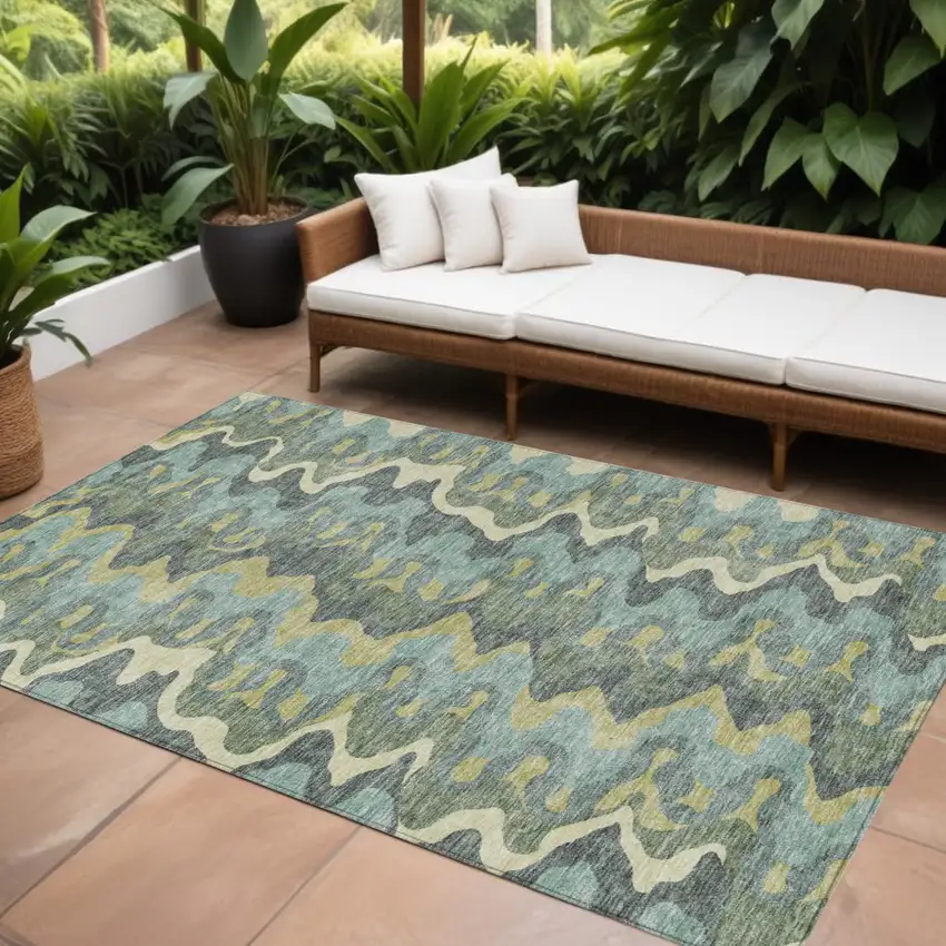 Sage And Artichoke Green Abstract Washable Indoor Outdoor Area Rug Photo 1