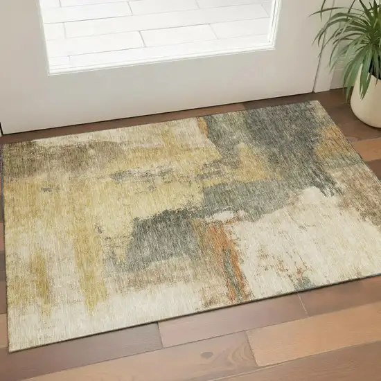 Sage And Beige Abstract Washable Area Rug With UV Protection Photo 1