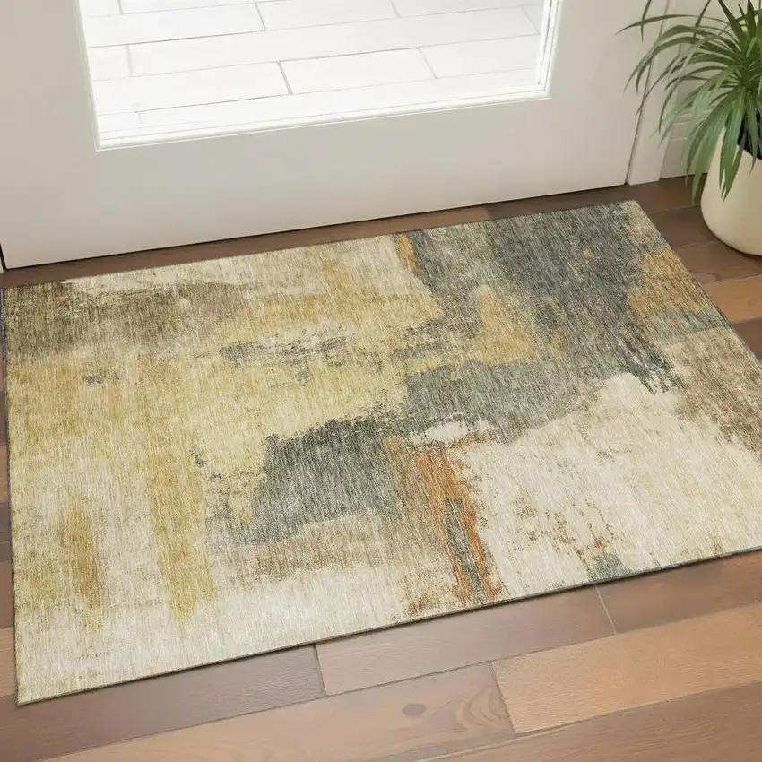 Sage And Beige Abstract Washable Area Rug With UV Protection Photo 1