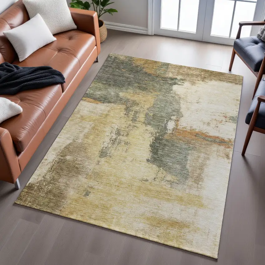 Sage And Beige Abstract Washable Area Rug With UV Protection Photo 1