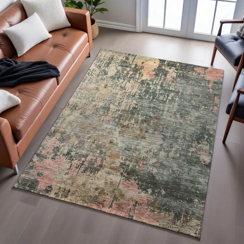 Sage And Beige Abstract Washable Area Rug With UV Protection Photo 4